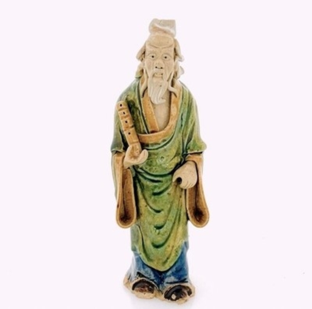 Antique Shekwan Chinese Mudman Figurine 6.5” w Scroll Handcrafted Ceramic Statue